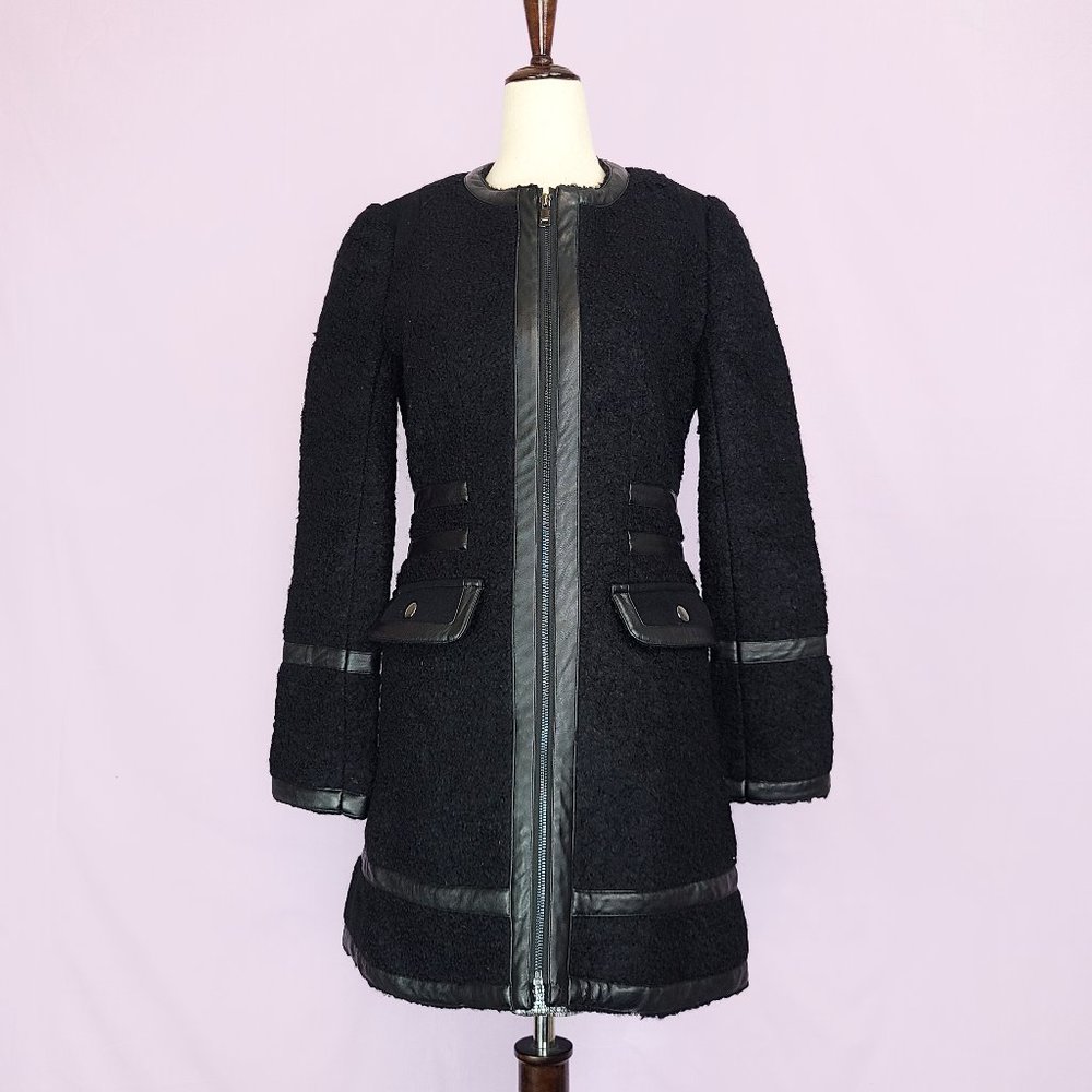 bebe black wool car coat with contrast leather trim